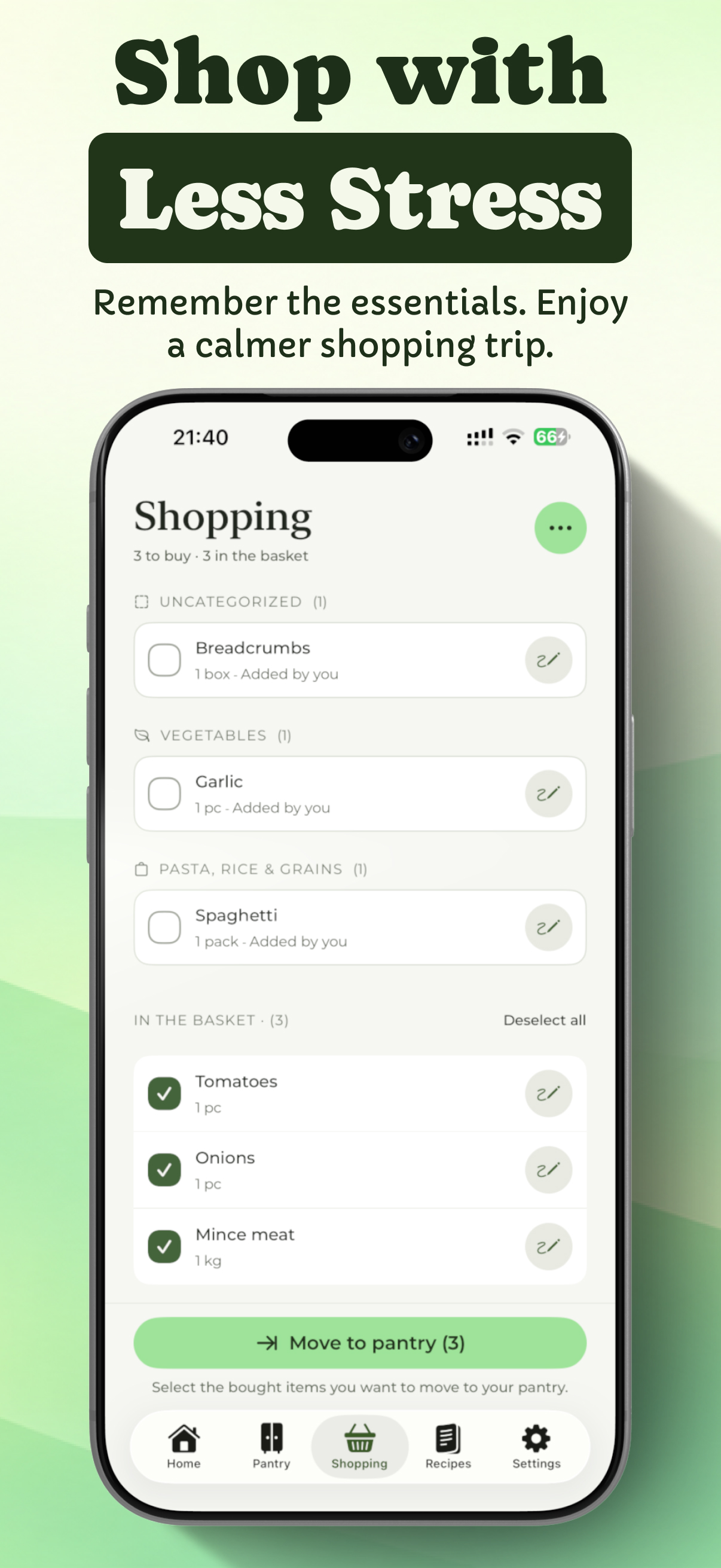 Shopping list with checked items ready to move to the pantry